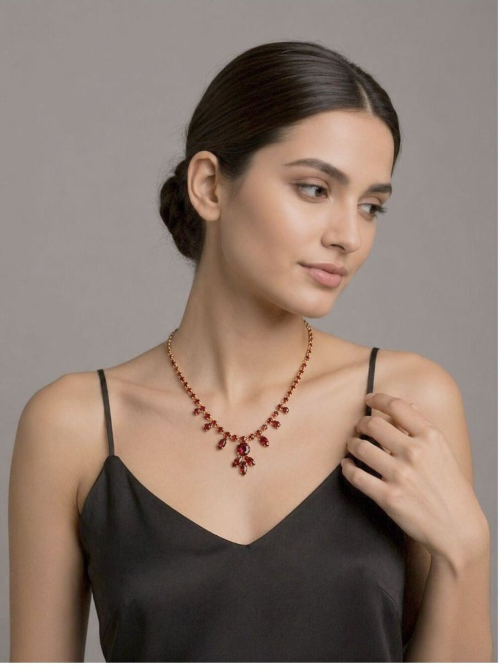 Vintage Siam Red Rhinestone Drop Choker Necklace - Gold Tone Mid-Century - 17 in